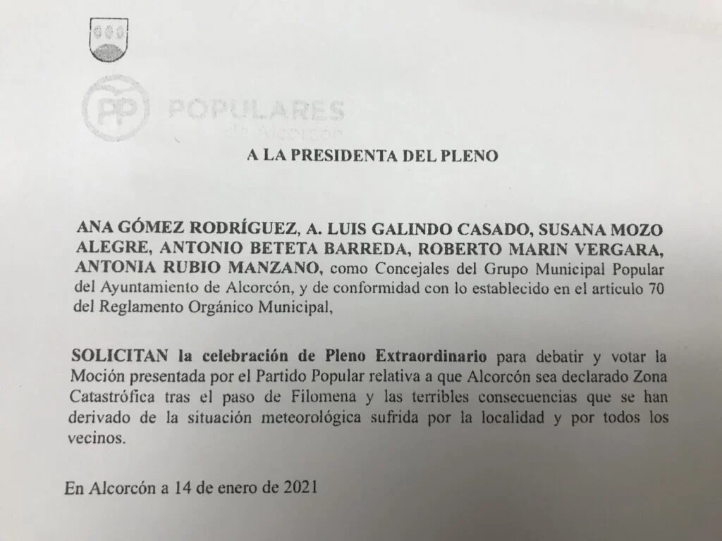 El Partido Popular pide un pleno extraordinario para que Alcorcón sea declarado “zona catastrófica”