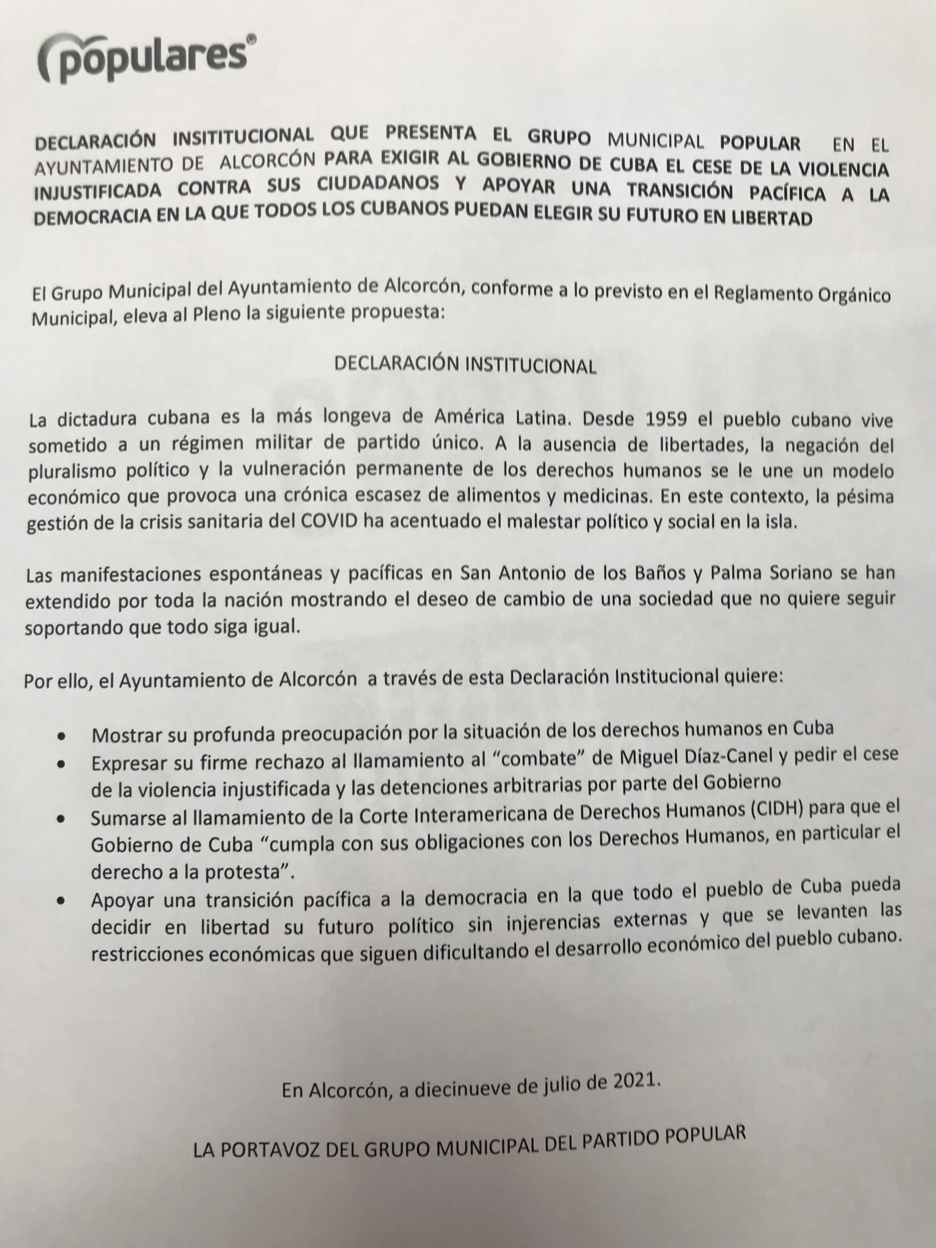 Podemos apoya la dictadura de Cuba y el PSOE de Alcorcón no se posiciona