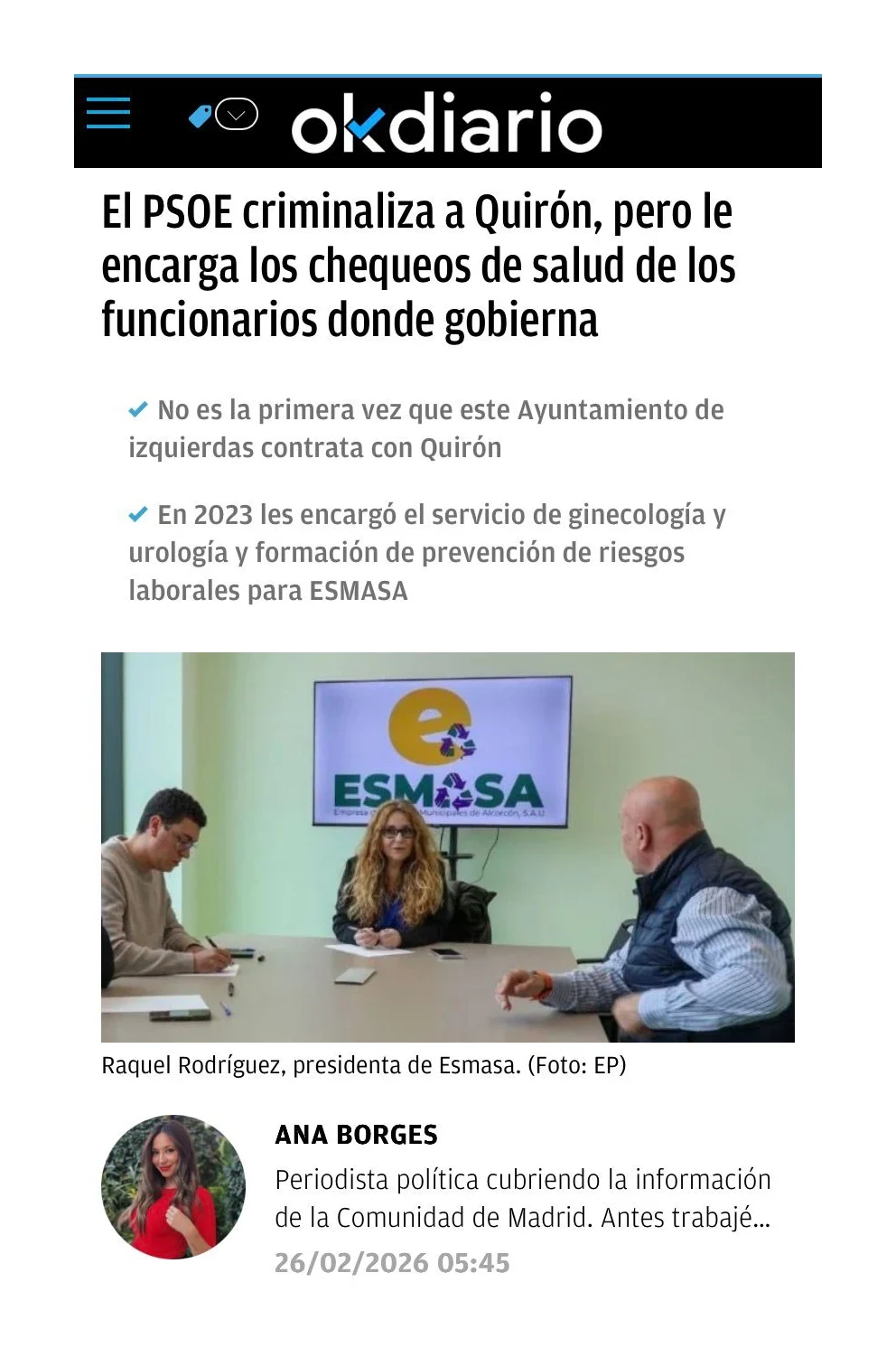 Aparicion en medios: Ok Diario – 26 Febrero 2026